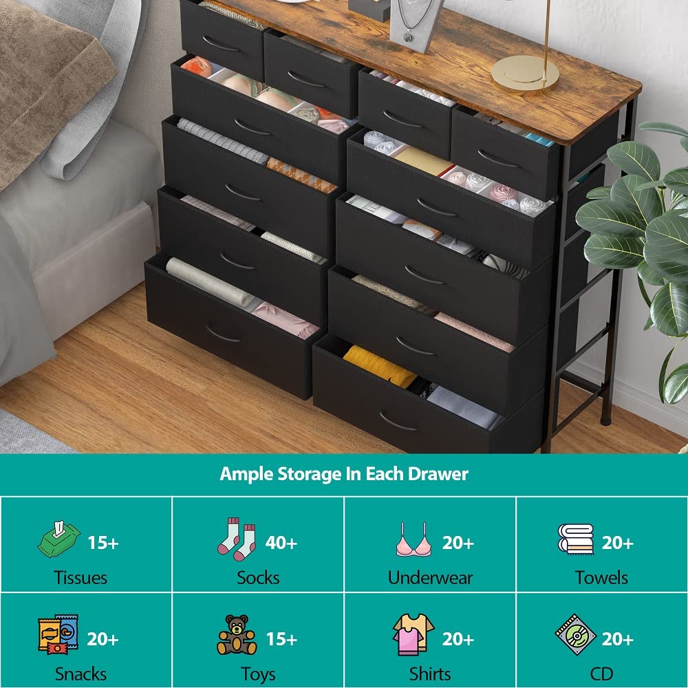 VASICAR Cómoda grande para dormitorio con 12 cajones profundos, cómoda de tela alta, cómoda para armario, guardería, sala de estar, lavandería, entrada, pasillo (negro)