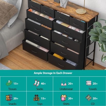 VASICAR Cómoda grande para dormitorio con 12 cajones profundos, cómoda de tela alta, cómoda para armario, guardería, sala de estar, lavandería, entrada, pasillo (negro)