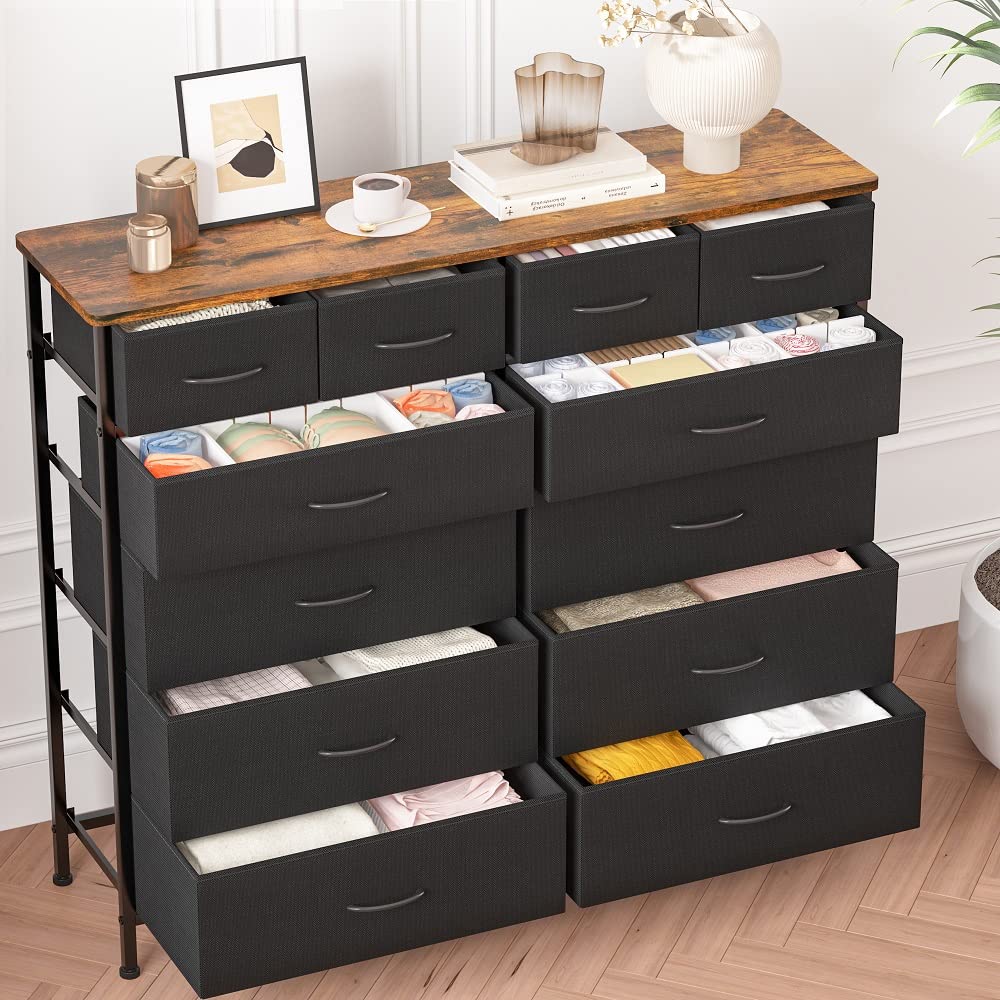 VASICAR Cómoda grande para dormitorio con 12 cajones profundos, cómoda de tela alta, cómoda para armario, guardería, sala de estar, lavandería, entrada, pasillo (negro)