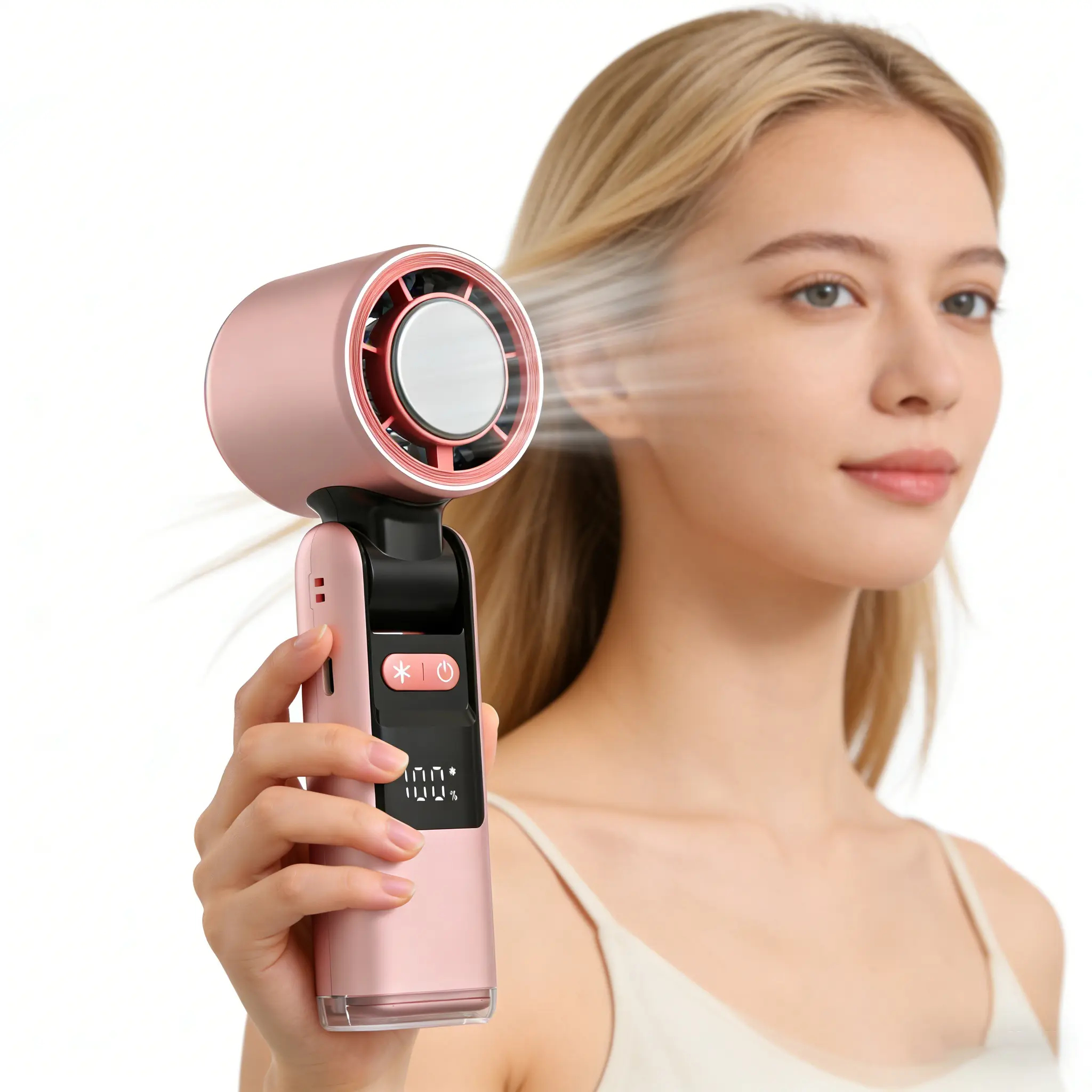 Ventilador turbo portátil de mano con 5 velocidades, luz LED integrada, batería de gran capacidad de 4000 mAh y hasta 6 horas de autonomía; ventilador recargable 3 en 1 (de mano, de escritorio y para colgar al cuello) con potente flujo de aire turbo: el c