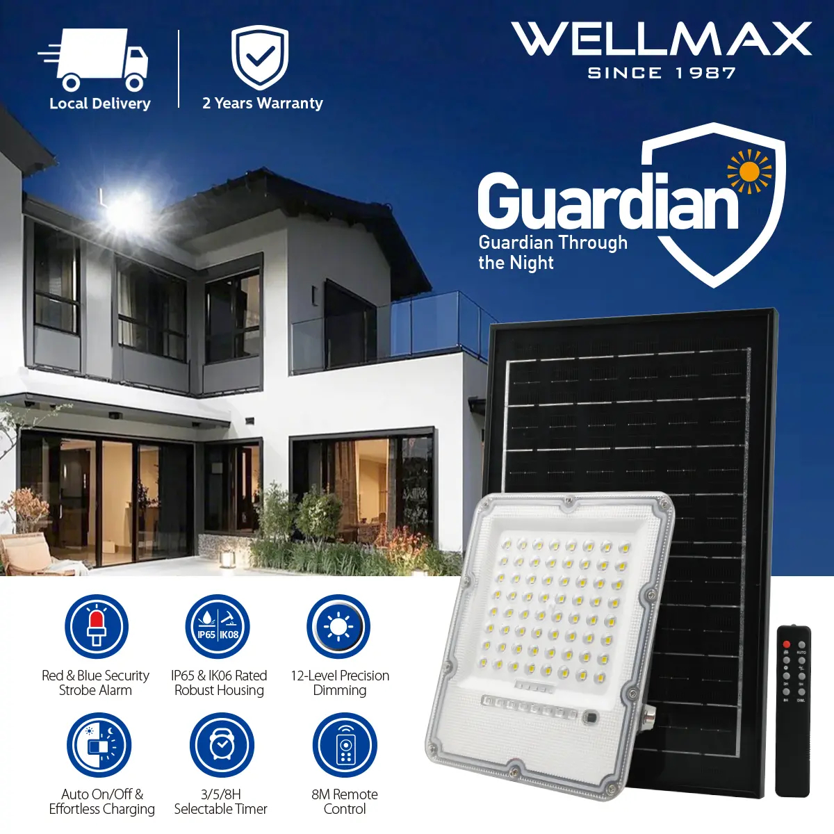 Lámpara solar de exterior WELLMAX, versión mejorada, con panel solar y mando a distancia, 6500K.