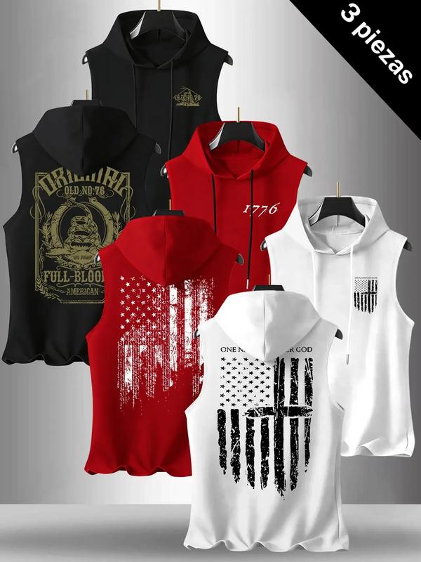 Men's 3-Pack Flag Series Graphic Print Round Neck Sleeveless T-Shirt, Casual Comfortable Hooded Vest, Summer Outdoor Fitness Wear