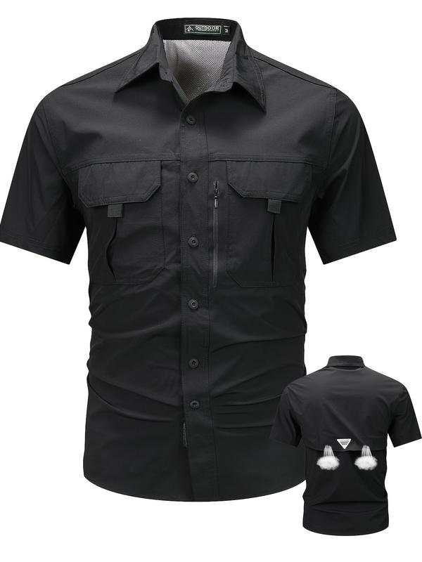 Summer outfit: New men's quick drying tactical short sleeved shirt, outdoor workwear, multi pocket lapel shirt, men's military elastic shirt, men's breathable top T-shirt, Casual Button-Front Shirt with Collar