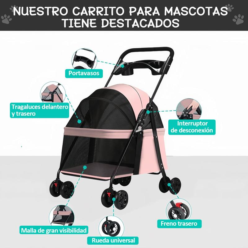 Carriola para Mascotas Plegable con Ruedas, Carrito Portátil para Perros, Gatos y Conejos, con Ventilación de Malla, Diseño Ligero y Cómodo, Ideal para Paseos y Viajes. Colores: Negro, Rosa, Gris y Azul
