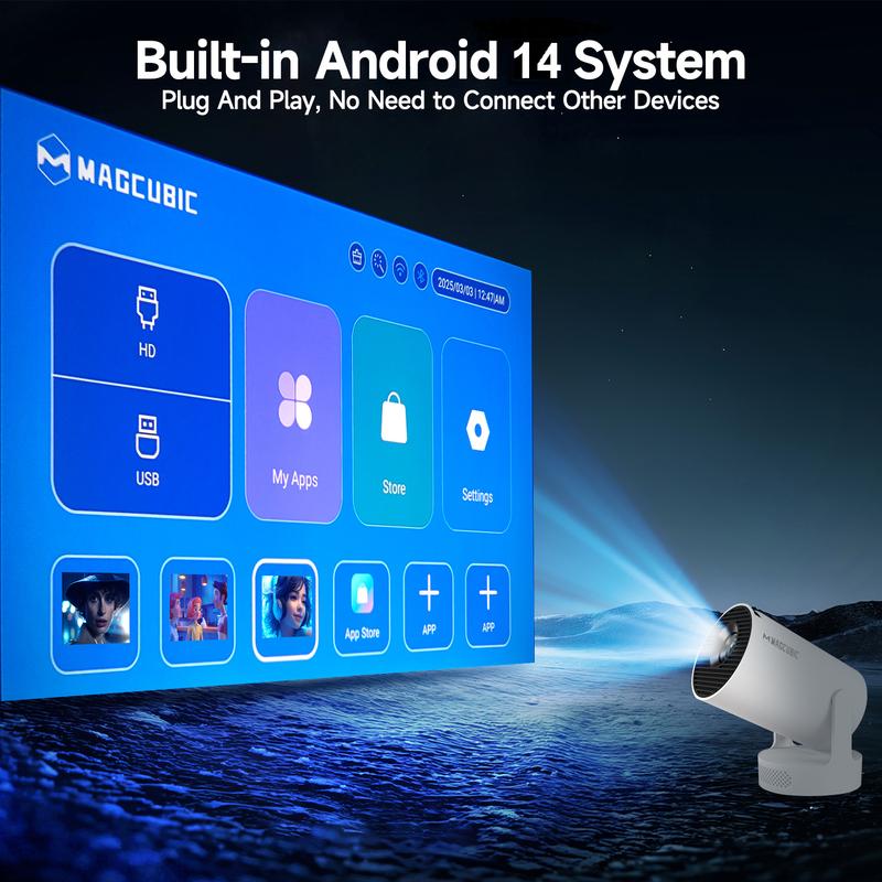 Magcubic HY300Pro+ Proyector Android 14.0 290ANSI Dual WiFi6 Soporta fuentes de video 8K Nativa 1280 x 720P relación de proyección corta de 0.8:1 BT5.4 altavoz integrado y App Store Allwinner H726, inteligente miniproyector portátil para cine en casa #Ven
