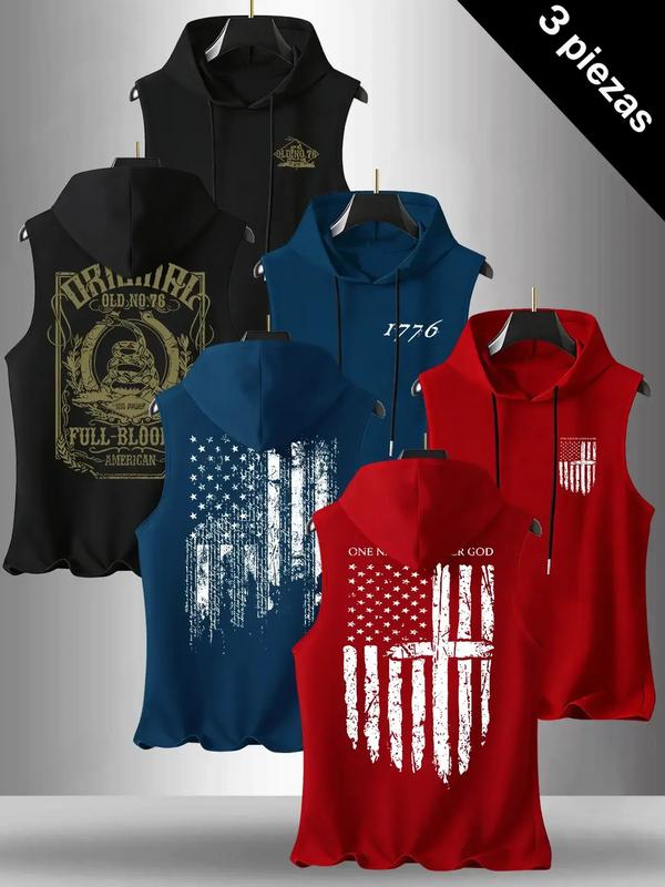 Men's 3-Pack Flag Series Graphic Print Round Neck Sleeveless T-Shirt, Casual Comfortable Hooded Vest, Summer Outdoor Fitness Wear