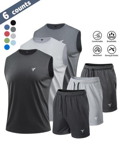 Conjunto deportivo de verano para hombre, paquete de 6 piezas, ropa deportiva ligera con compresión, camiseta de entrenamiento, top sin mangas reflectante, poliéster transpirable, ideal para gimnasio, correr, ciclismo, baloncesto y en casa, outfit activo