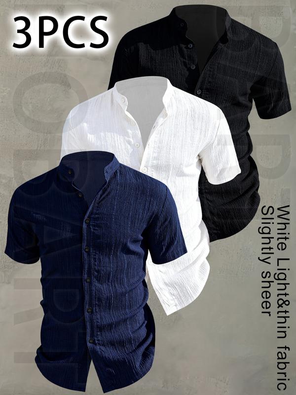 Paquete de 3 camisas para hombre de verano con manga corta — ligeras y transpirables, color sólido, abotonada, cuello alto, diseño de cuello bajo; ideales para vacaciones playas, fiestas junto piscina y atuendo casual; camisa playa, regalo para esposo.