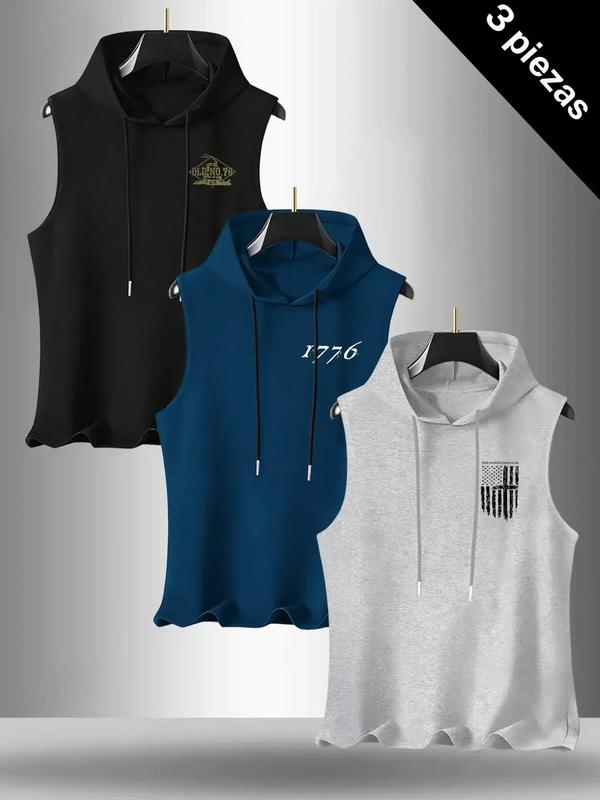 Men's 3-Pack Flag Series Graphic Print Round Neck Sleeveless T-Shirt, Casual Comfortable Hooded Vest, Summer Outdoor Fitness Wear