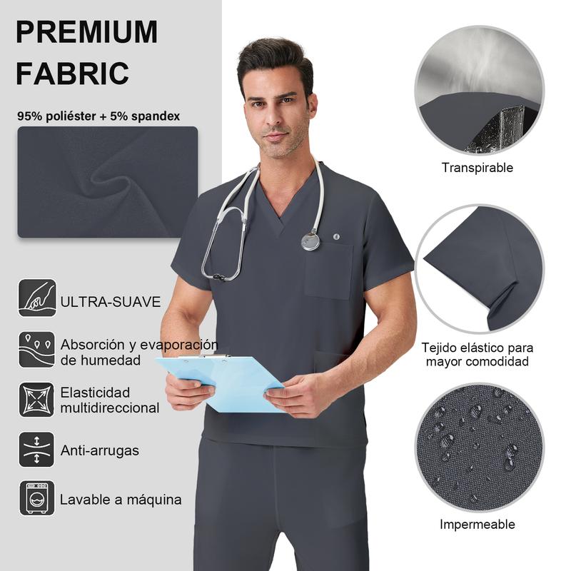 JELRISOFIT Conjunto Médico Hombre Antifluidos, Uniforme de Trabajo con Camisa Cuello V, Tela Elástica y Transpirable, 4 Bolsillos Funcionales, Pantalón Jogger con Bolsas Cargo, Ropa Profesional Cómoda para Clínica, Laboratorio, Enfermero Camiseta Interior