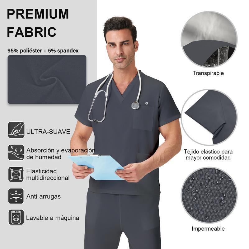 JELRISOFIT Conjunto Médico Hombre Antifluidos, Uniforme de Trabajo con Camisa Cuello V, Tela Elástica y Transpirable, 4 Bolsillos Funcionales, Pantalón Jogger con Bolsas Cargo, Ropa Profesional Cómoda para Clínica, Laboratorio, Enfermero Camiseta Interior