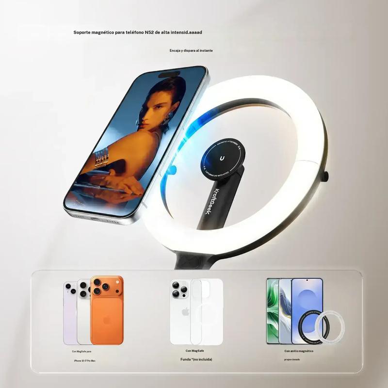 KraftGeek Glow Ring Anillo de luz portátil con Soporte para trípode, Solo toque para abrir 76 '' 2 en 1 Trípode invisible para selfies Stick Accesorio magnético, Recarga incorporada de 5000 mAh, 3 modos de luz y 10 baterías nivelables de brillo
