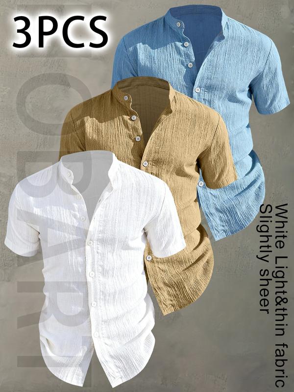 Paquete de 3 camisas para hombre de verano con manga corta — ligeras y transpirables, color sólido, abotonada, cuello alto, diseño de cuello bajo; ideales para vacaciones playas, fiestas junto piscina y atuendo casual; camisa playa, regalo para esposo.