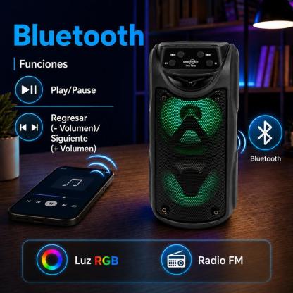 Bocina Bluetooth Portátil Doble 3″ x 2 con Luz LED RGB, Radio FM, USB, Micro SD (Hasta 32 GB), Controles Integrados e Incluye Cable de Carga V8/USB