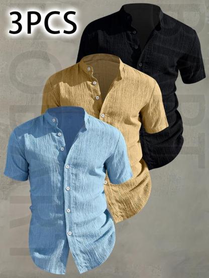 Paquete de 3 camisas para hombre de verano con manga corta — ligeras y transpirables, color sólido, abotonada, cuello alto, diseño de cuello bajo; ideales para vacaciones playas, fiestas junto piscina y atuendo casual; camisa playa, regalo para esposo.