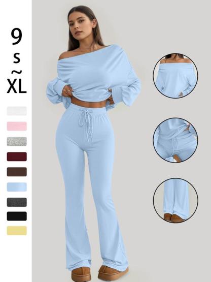 One Shoulder Long Sleeve Loose Crop Top and High Waist Drawstring Skinny Vintage Bell Pants, Yoga Fitness Workout, Spring & Fall Casual Style