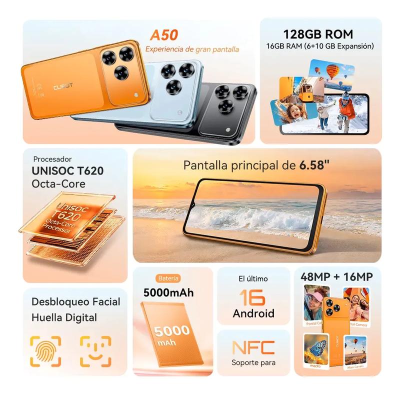 Cubot A50 Teléfono Inteligente Android 16" FHD 16GB RAM 128GB Almacenamiento 5000mAh Batería 48MP Cámara NFC Desbloqueo Facial Huella Lateral Doble SIM GPS Cuatro Satélites