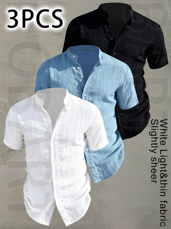 Paquete de 3 camisas para hombre de verano con manga corta — ligeras y transpirables, color sólido, abotonada, cuello alto, diseño de cuello bajo; ideales para vacaciones playas, fiestas junto piscina y atuendo casual; camisa playa, regalo para esposo.