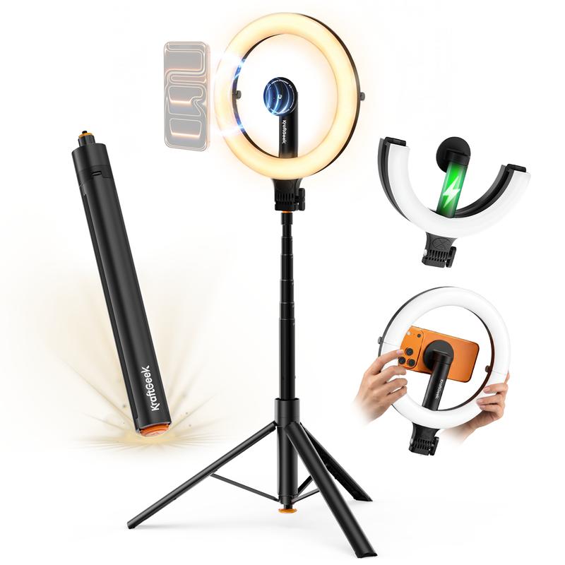KraftGeek Glow Ring Anillo de luz portátil con Soporte para trípode, Solo toque para abrir 76 '' 2 en 1 Trípode invisible para selfies Stick Accesorio magnético, Recarga incorporada de 5000 mAh, 3 modos de luz y 10 baterías nivelables de brillo
