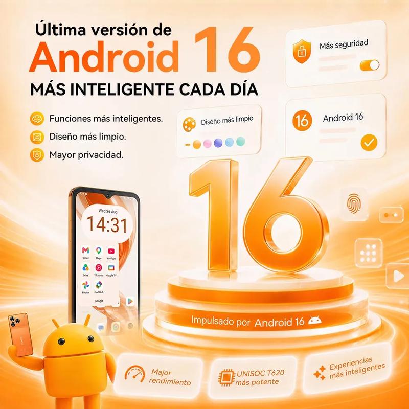 Cubot A50 Teléfono Inteligente Android 16" FHD 16GB RAM 128GB Almacenamiento 5000mAh Batería 48MP Cámara NFC Desbloqueo Facial Huella Lateral Doble SIM GPS Cuatro Satélites