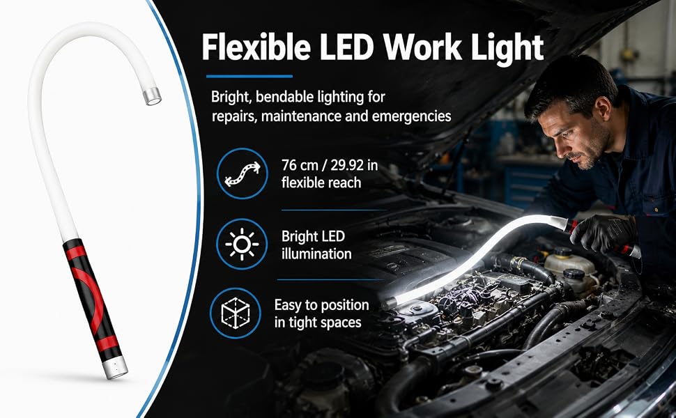 dobla y moldea fácilmente esta linterna LED de 76 cm para alcanzar cualquier área estrecha o