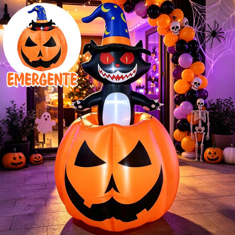 Inflable de Halloween 1.8M, Gato Bruja con Calabaza y Luz LED, Decoración Inflable con Movimiento Arriba y Abajo, Adorno para Exterior, Patio, Jardín y Césped