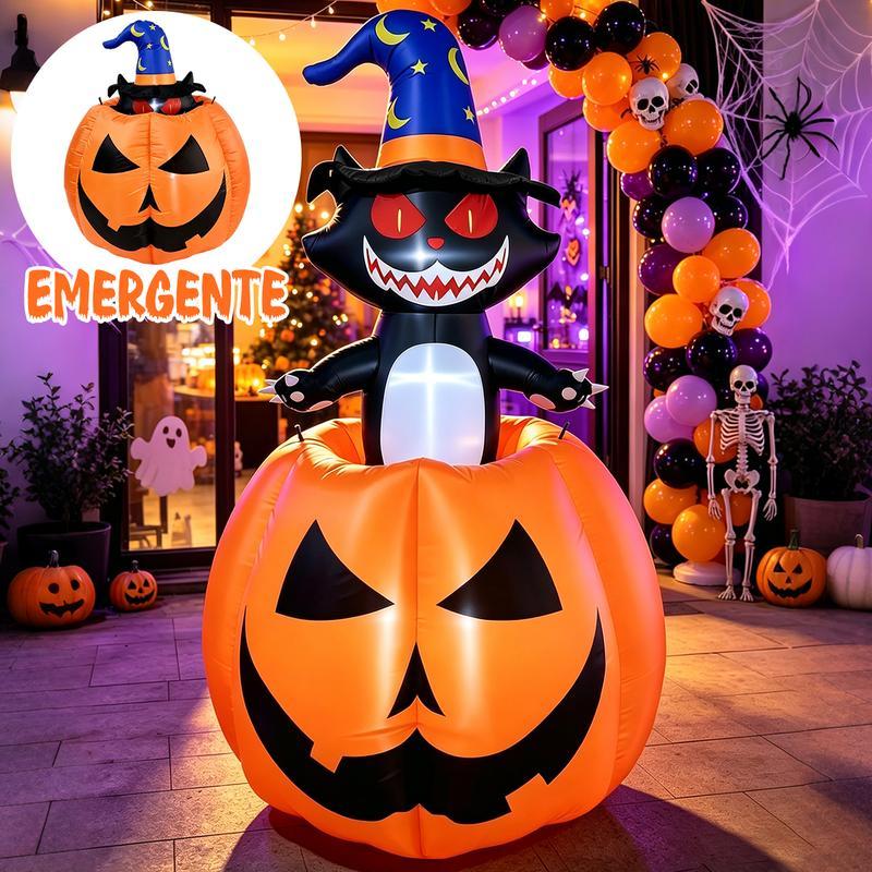 Inflable de Halloween 1.8M, Gato Bruja con Calabaza y Luz LED, Decoración Inflable con Movimiento Arriba y Abajo, Adorno para Exterior, Patio, Jardín y Césped