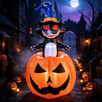 Inflable de Halloween 1.8M, Gato Bruja con Calabaza y Luz LED, Decoración Inflable con Movimiento Arriba y Abajo, Adorno para Exterior, Patio, Jardín y Césped