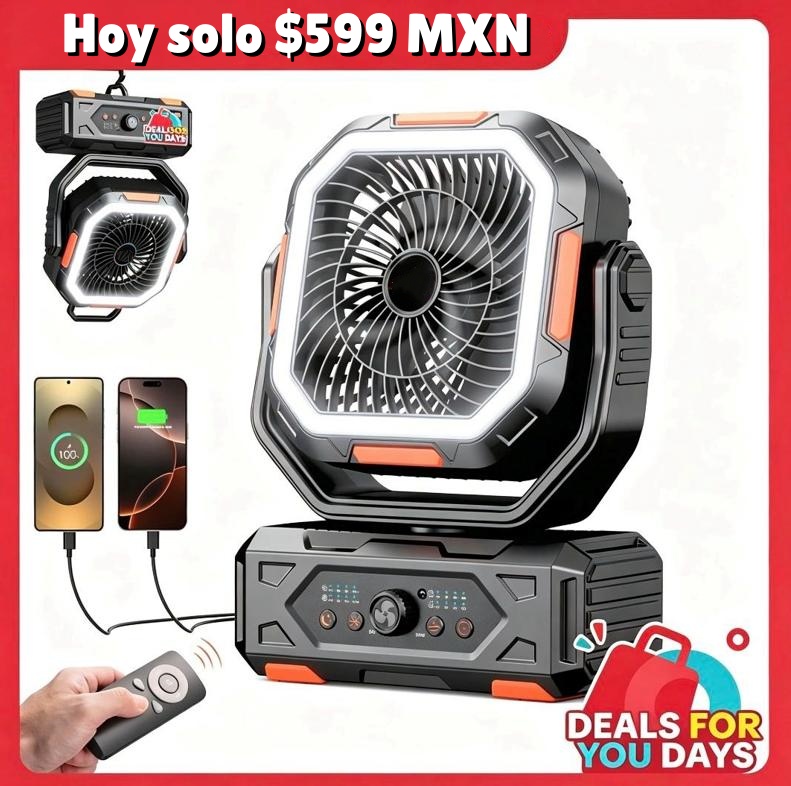 Ventilador portátil de camping 30000mAh recargable, con luz LED, cabezal 270° y control remoto, ventilador multifuncional para tienda de campaña, viajes, hogar y actividades al aire libre