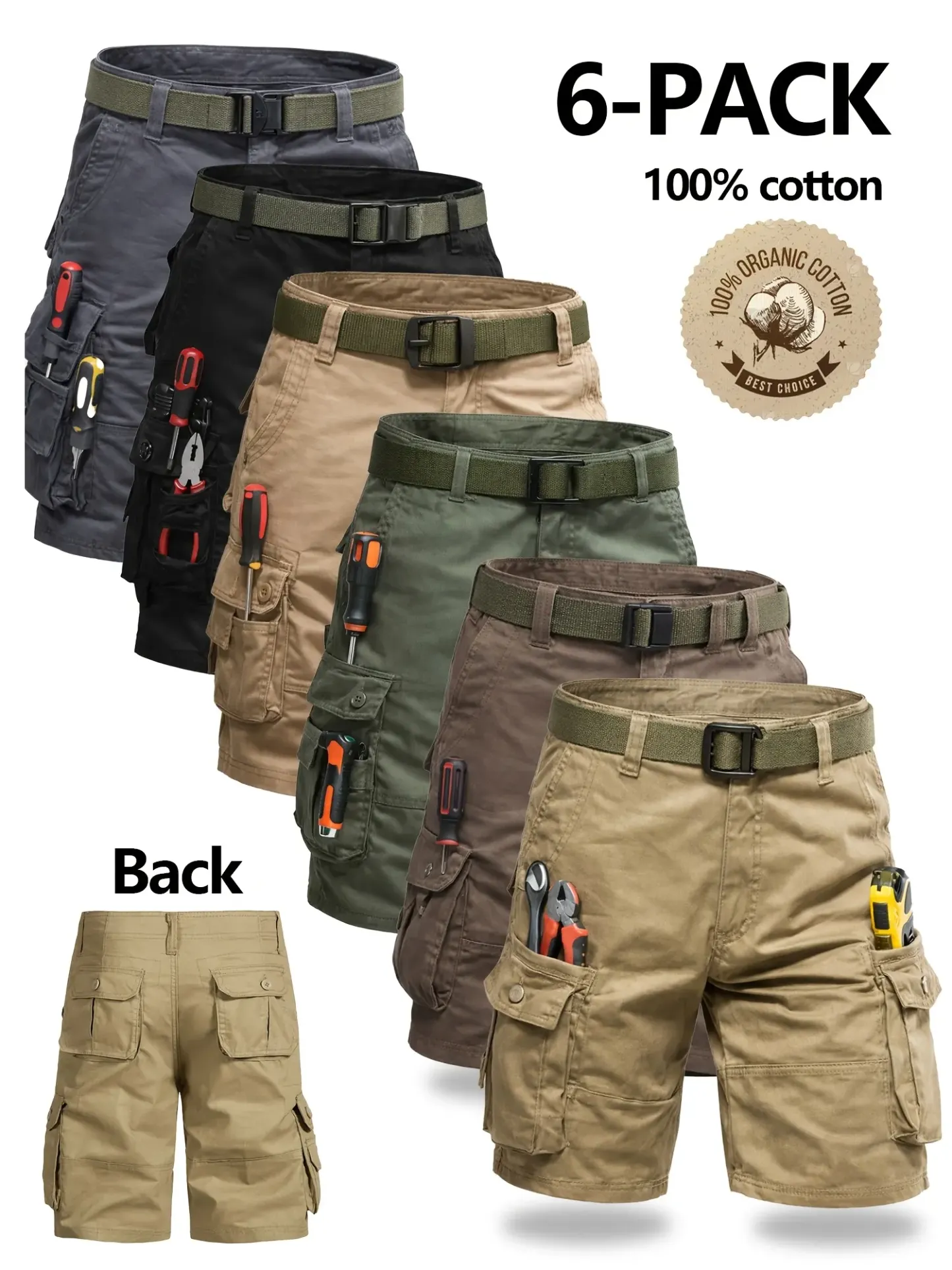 Paquete de 6 pantalones cargo para hombre, shorts tácticos con bolsillos multifuncionales, ideales para golf, senderismo y actividades al aire libre, resistentes, antiarrugas y transpirables