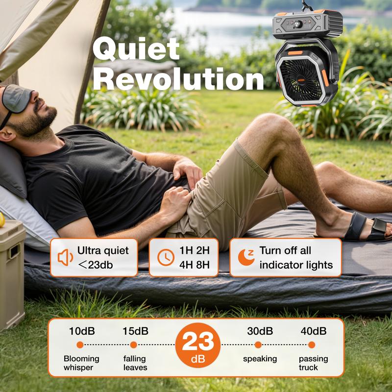 Ventilador portátil de camping 30000mAh recargable, con luz LED, cabezal 270° y control remoto, ventilador multifuncional para tienda de campaña, viajes, hogar y actividades al aire libre