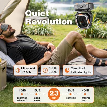 Ventilador portátil de camping 30000mAh recargable, con luz LED, cabezal 270° y control remoto, ventilador multifuncional para tienda de campaña, viajes, hogar y actividades al aire libre