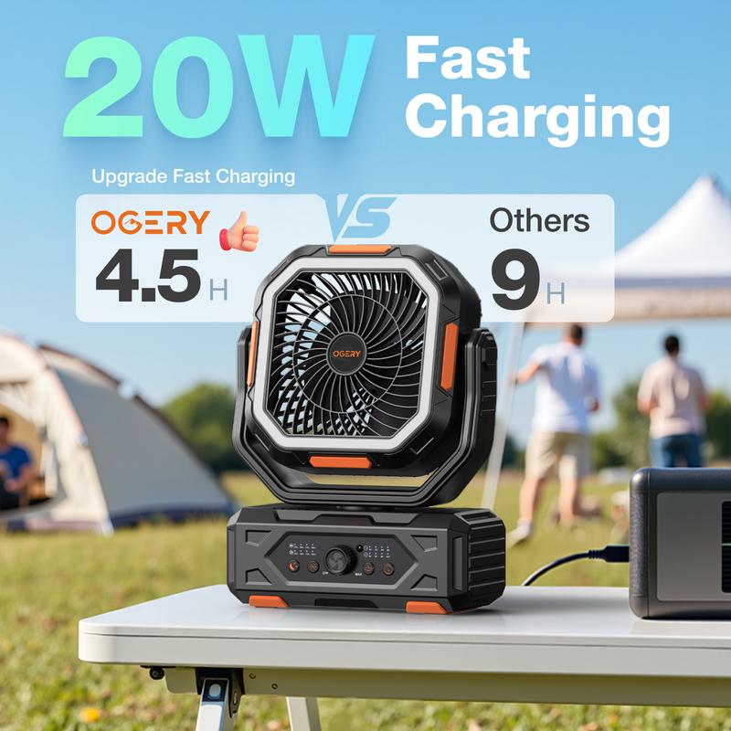 Ventilador portátil de camping 30000mAh recargable, con luz LED, cabezal 270° y control remoto, ventilador multifuncional para tienda de campaña, viajes, hogar y actividades al aire libre