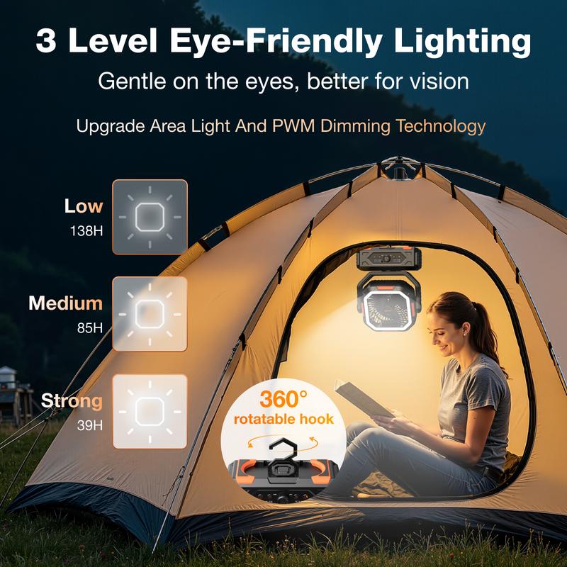 Ventilador portátil de camping 30000mAh recargable, con luz LED, cabezal 270° y control remoto, ventilador multifuncional para tienda de campaña, viajes, hogar y actividades al aire libre