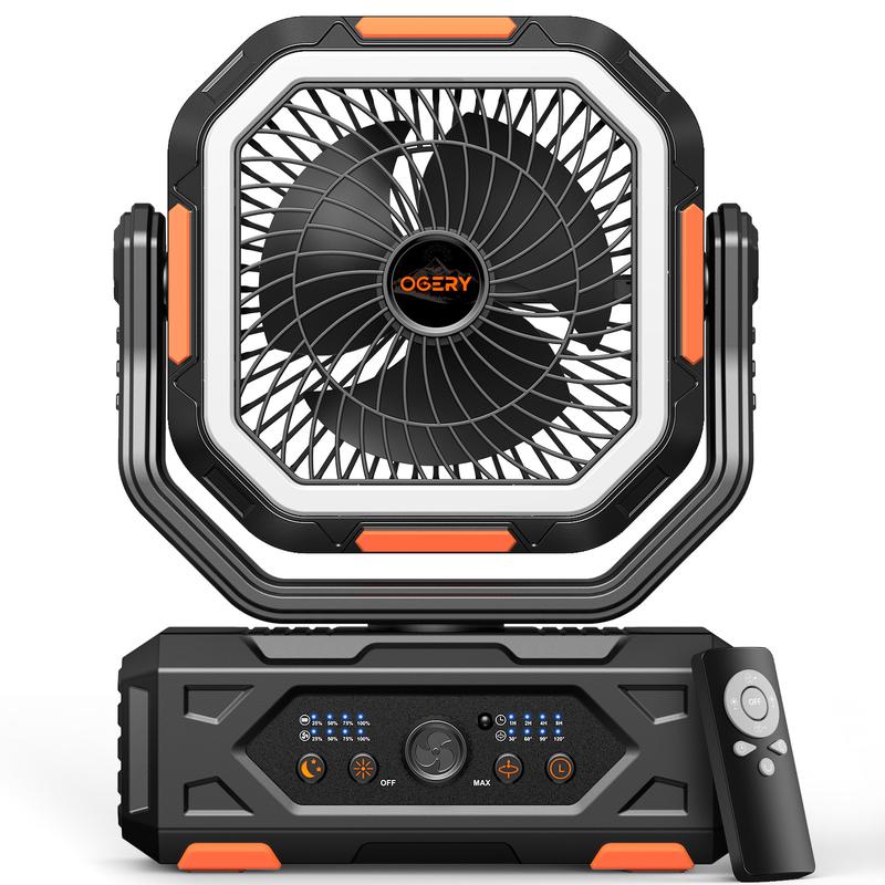 Ventilador portátil de camping 30000mAh recargable, con luz LED, cabezal 270° y control remoto, ventilador multifuncional para tienda de campaña, viajes, hogar y actividades al aire libre