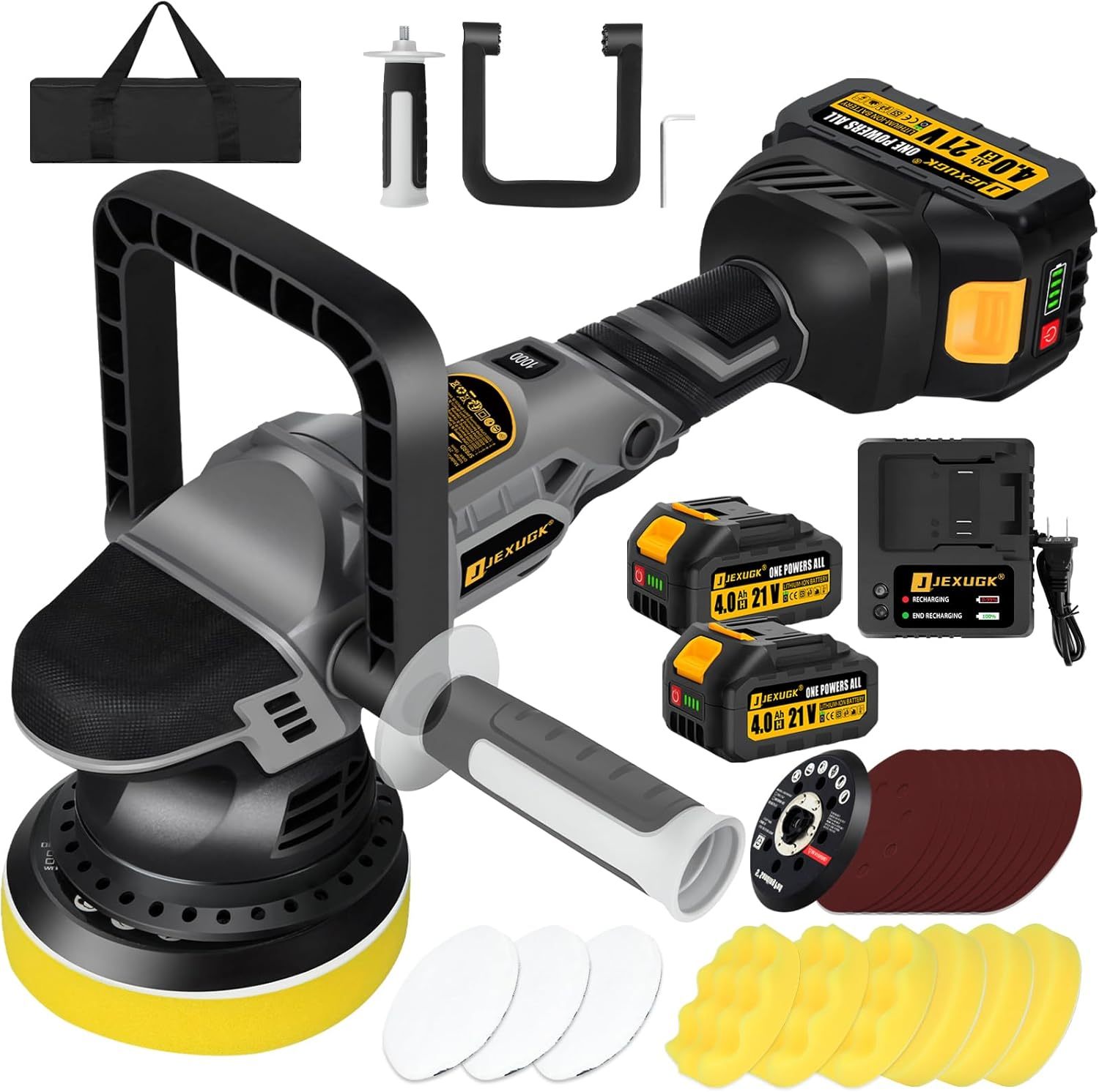 Pulidora orbital inal¨¢mbrica de 5 pulgadas, pulidora profesional sin escobillas de 21 V con 2 bater¨ªas de 4.0 Ah, pulidora orbital de autos inal¨¢mbrica con 6 velocidades, kit de pulido y