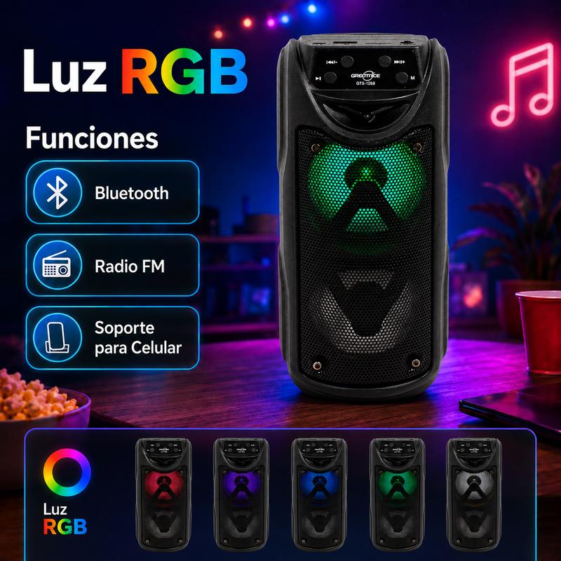 Bocina Bluetooth Portátil Doble 3″ x 2 con Luz LED RGB, Radio FM, USB, Micro SD (Hasta 32 GB), Controles Integrados e Incluye Cable de Carga V8/USB