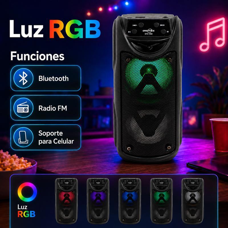 Bocina Bluetooth Portátil Doble 3″ x 2 con Luz LED RGB, Radio FM, USB, Micro SD (Hasta 32 GB), Controles Integrados e Incluye Cable de Carga V8/USB