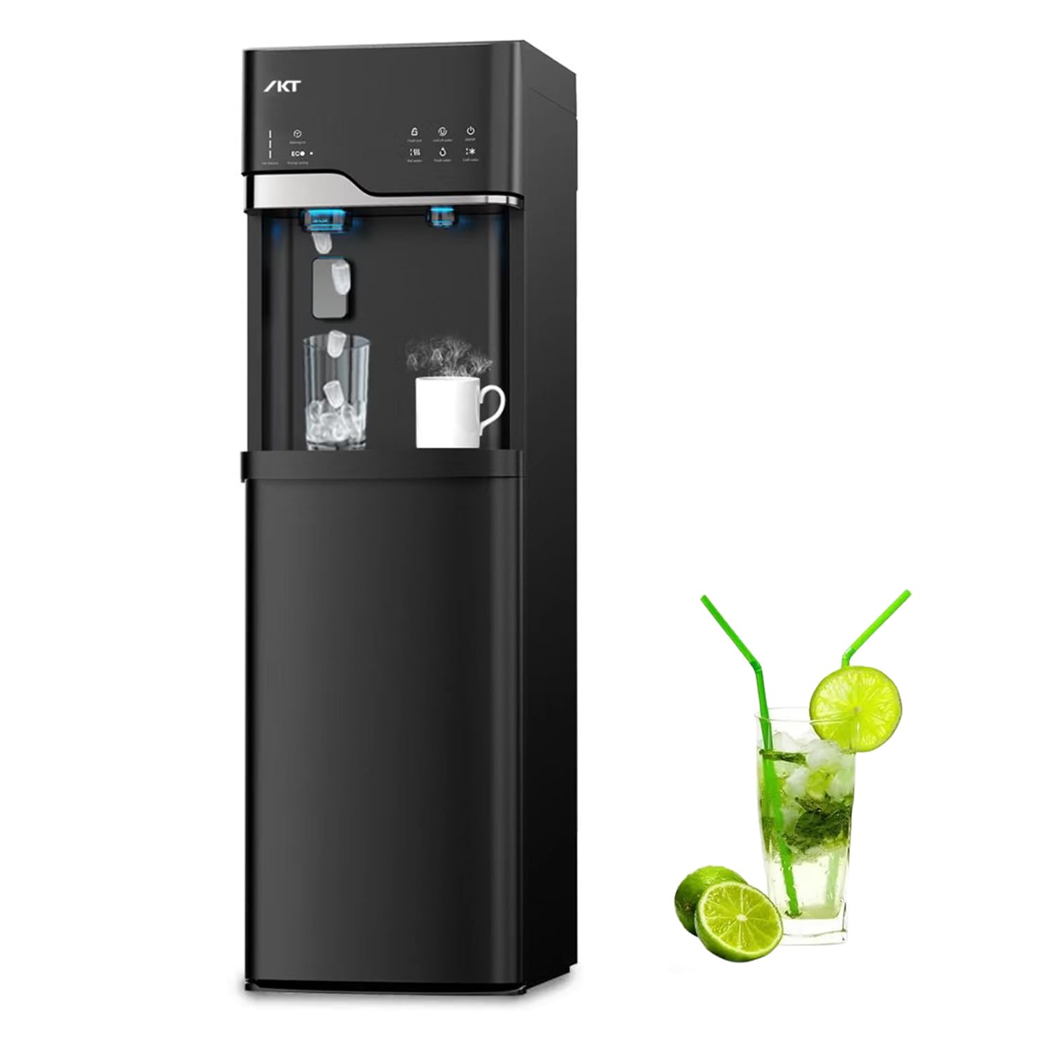 Dispensador de agua fría/caliente IKT 4 en 1 con fabricador de hielo, 5 galones, carga inferior, cubitos de hielo en bala de 22 libras por día. Diseño innovador, delgado y elegante para el hogar o la oficina. Color negro.