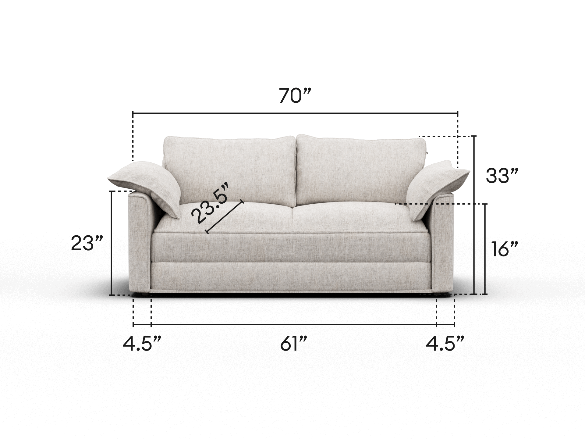 Elegant beige loveseat sofa in premium fabric, featuring plush cushions and wide armrests. Perfect for modern, sophisticated living spaces. Dimensions included.