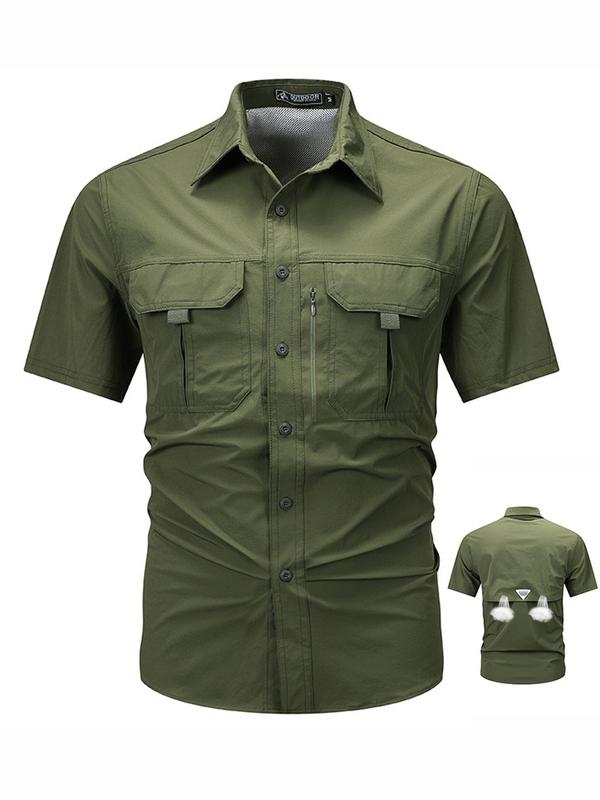 Summer outfit: New men's quick drying tactical short sleeved shirt, outdoor workwear, multi pocket lapel shirt, men's military elastic shirt, men's breathable top T-shirt, Casual Button-Front Shirt with Collar