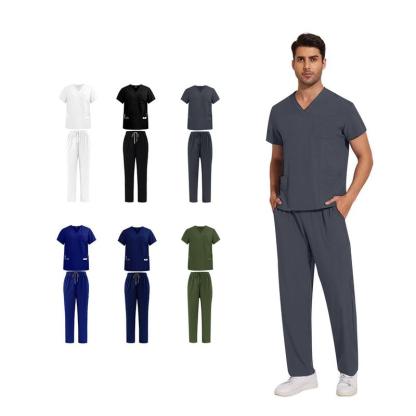 JELRISOFIT Conjunto Médico Hombre Antifluidos, Uniforme de Trabajo con Camisa Cuello V, Tela Elástica y Transpirable, 4 Bolsillos Funcionales, Pantalón Jogger con Bolsas Cargo, Ropa Profesional Cómoda para Clínica, Laboratorio, Enfermero Camiseta Interior
