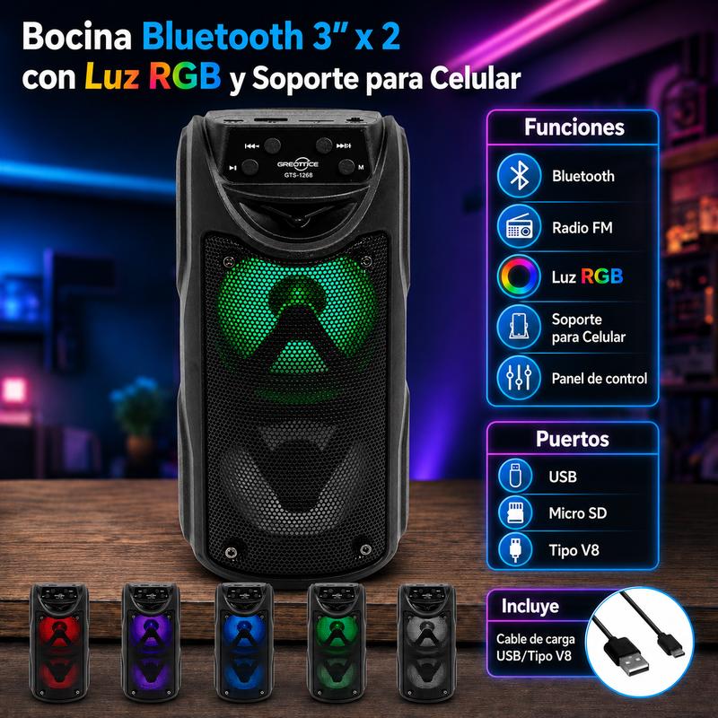 Bocina Bluetooth Portátil Doble 3″ x 2 con Luz LED RGB, Radio FM, USB, Micro SD (Hasta 32 GB), Controles Integrados e Incluye Cable de Carga V8/USB