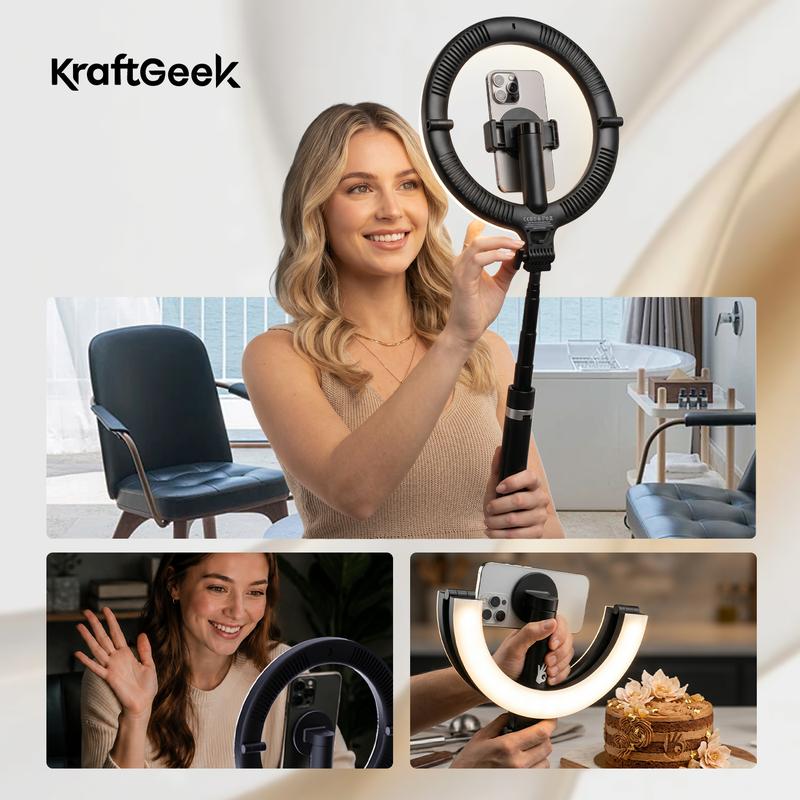 KraftGeek Glow Ring Anillo de luz portátil con Soporte para trípode, Solo toque para abrir 76 '' 2 en 1 Trípode invisible para selfies Stick Accesorio magnético, Recarga incorporada de 5000 mAh, 3 modos de luz y 10 baterías nivelables de brillo