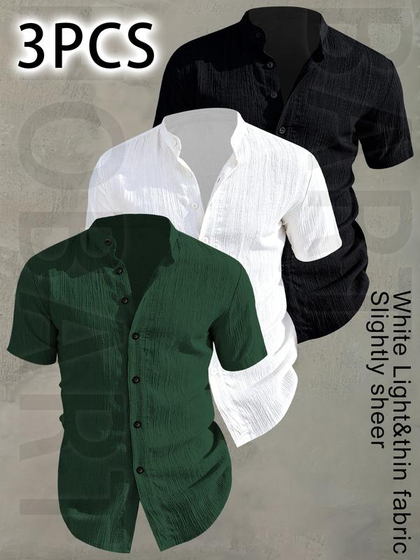 Paquete de 3 camisas para hombre de verano con manga corta — ligeras y transpirables, color sólido, abotonada, cuello alto, diseño de cuello bajo; ideales para vacaciones playas, fiestas junto piscina y atuendo casual; camisa playa, regalo para esposo.