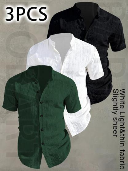 Paquete de 3 camisas para hombre de verano con manga corta — ligeras y transpirables, color sólido, abotonada, cuello alto, diseño de cuello bajo; ideales para vacaciones playas, fiestas junto piscina y atuendo casual; camisa playa, regalo para esposo.