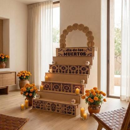 Mega Altar 7 Pisos + Arco Decorativo 163x80x80cm para Día de Muertos y Diseño Tradicional para Celebración