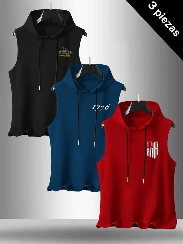 Men's 3-Pack Flag Series Graphic Print Round Neck Sleeveless T-Shirt, Casual Comfortable Hooded Vest, Summer Outdoor Fitness Wear