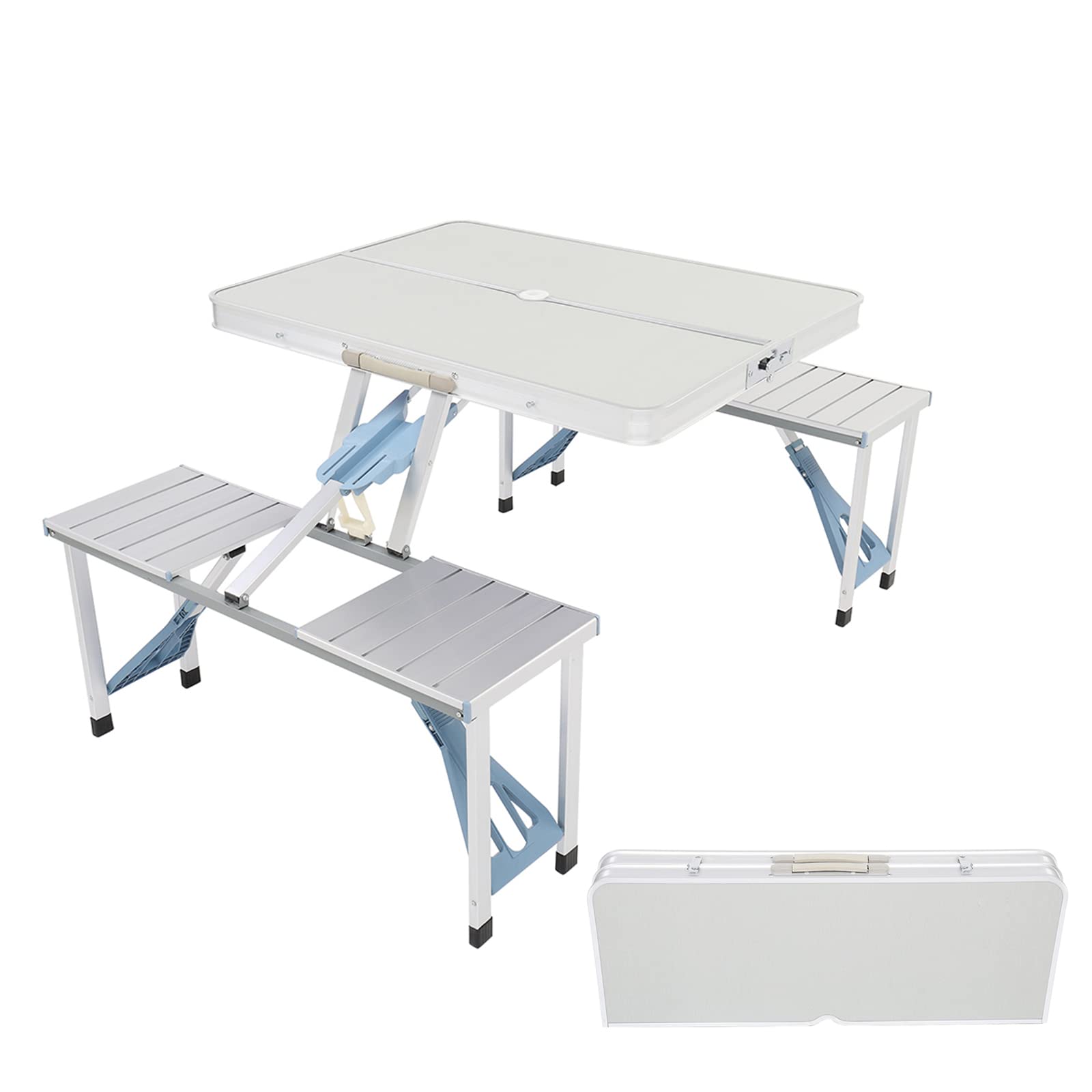 Outvita - Mesa de picnic portátil con asientos, juego de mesa de comedor plegable de una sola pieza con agujero para sombrilla para barbacoa, reuniones, viajes, fiestas, playa, patio