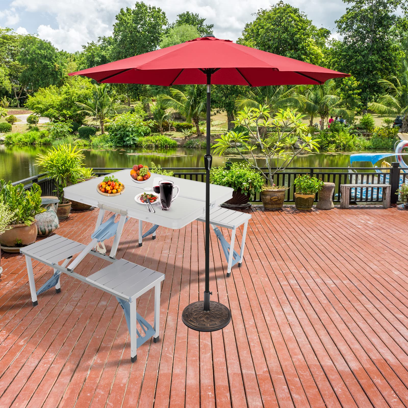 Outvita - Mesa de picnic portátil con asientos, juego de mesa de comedor plegable de una sola pieza con agujero para sombrilla para barbacoa, reuniones, viajes, fiestas, playa, patio